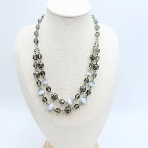 Tiger Eye Stone & Crystal Beaded Double-Strand Necklace Silver Filigree Accents